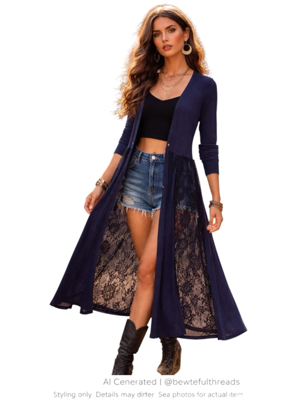 Sheer Lace Back Duster Cardigan Boho Festival Layer Navy XL